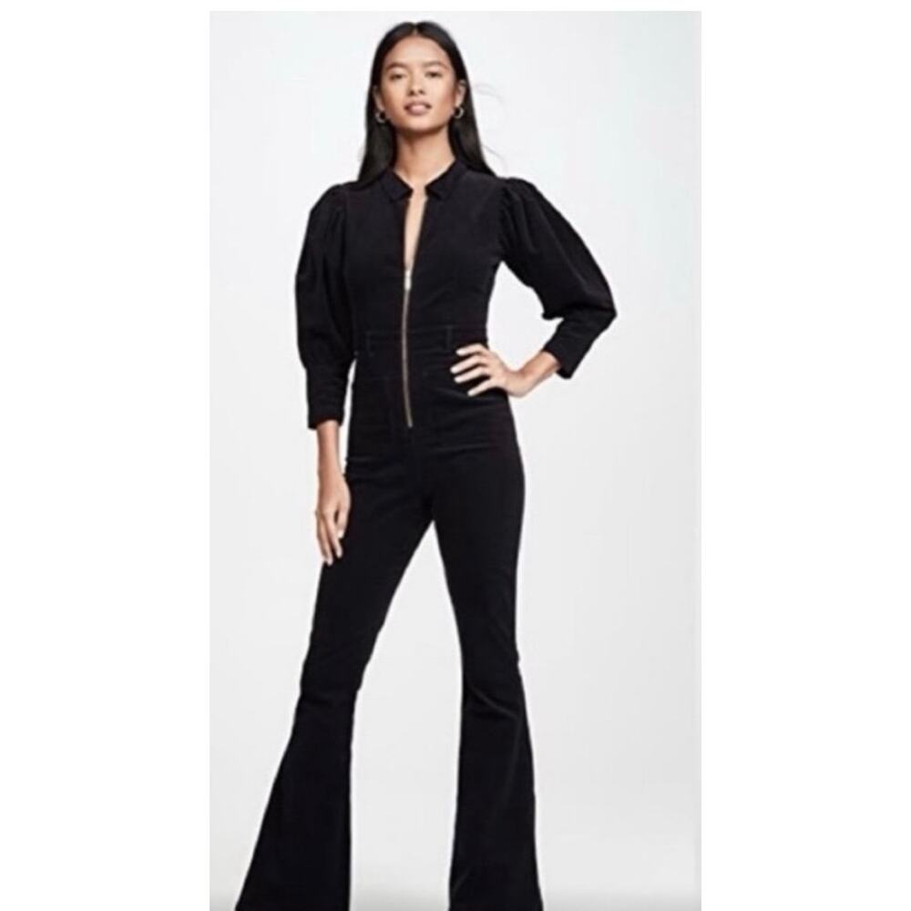 We Wore What 70's Corduroy Jumpsuit Puff Sleeves Gold Zipper in Black Small